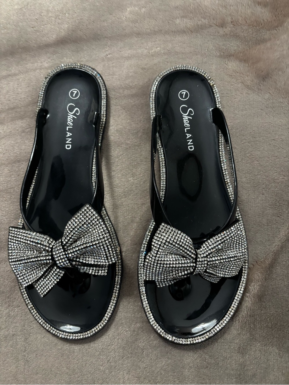 ShoeLand Sandals Women's Size 7 Black Rhinestone Bow Slingback Sandals